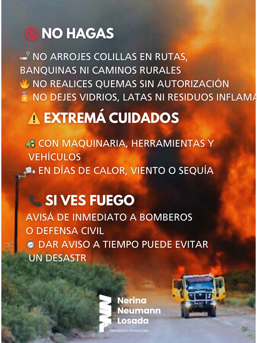 NerinaNeumann's tweet image. 🔥 En estos días hay muchos focos de incendio en nuestra región.
Un dato clave: el 95 % de los incendios son causados por actividades humanas.

Prevenir y estar atentos es fundamental.
Fuerza a los vecinos afectados y gracias a los bomberos voluntarios y autoridades que están…