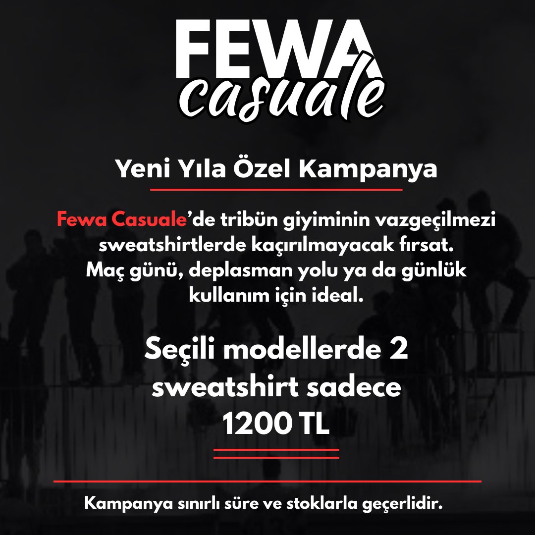 Tribünün vazgeçilmezi, sokağın stili.
Fewa Casuale’de 2 sweatshirt = 1200 TL

Maça da gider, dışarı da çıkar.
Yeni yıla sağlam gir.

📌 Sınırlı stok – geç kalma.

#FewaCasuale #TribünRuhu #TribünStili #MaçGünü #Deplasman #Sweatshirt #YeniYılKampanyası