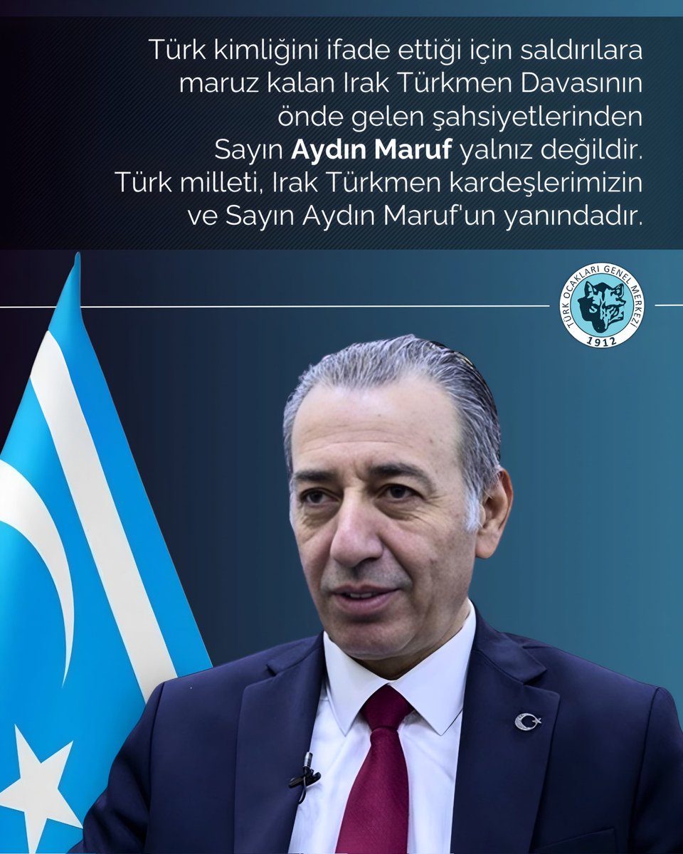Türk kimliğini ifade ettiği için saldırılara maruz kalan Irak Türkmen Davasının önde gelen şahsiyetlerinden Sayın Aydın Maruf yalnız değildir.

Türk milleti, Irak Türkmen kardeşlerimizin ve Sayın Aydın Maruf'un yanındadır.