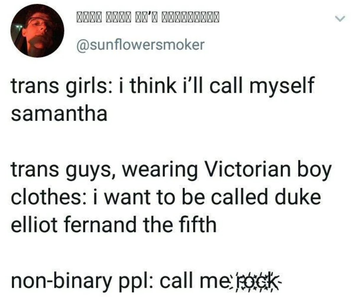 Zeroawen's tweet image. trans names be like: