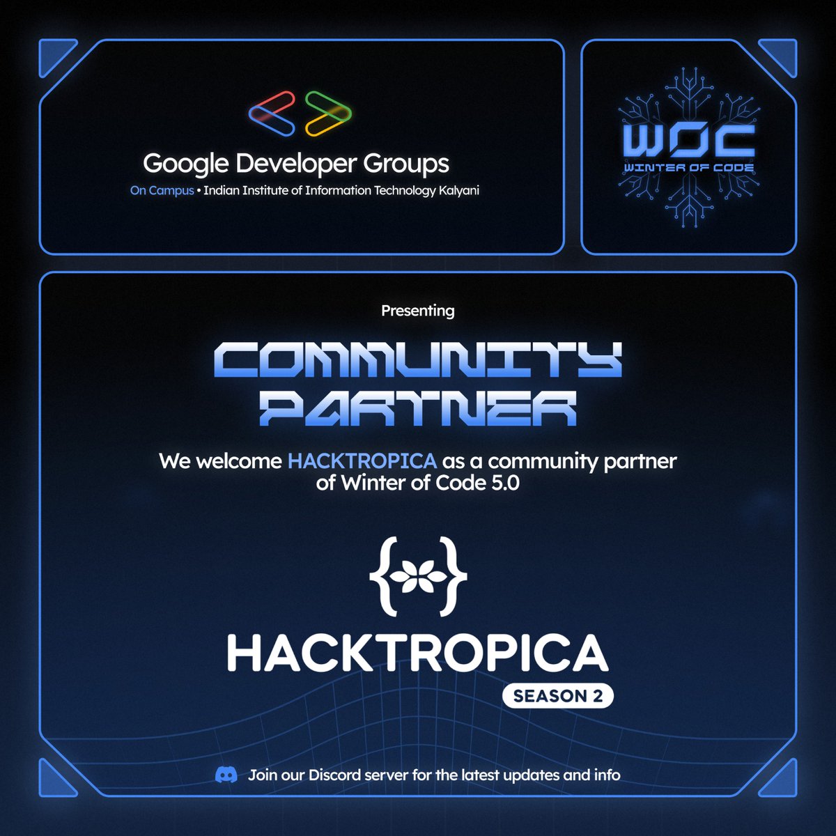 gdsciiitkalyani's tweet photo. We’re excited to welcome @HackTropica (Season 2) as a Community Partner for Winter of Code 5.0, joining hands with GDG IIIT Kalyani❄️
Spots are filling fast - register now: https://t.co/6cawfiXXSO
Partner with us: https://t.co/IcOuiuKUU0
#WinterOfCode5 #Hacktropica #OpenSource https://t.co/hyqzlDpTPR