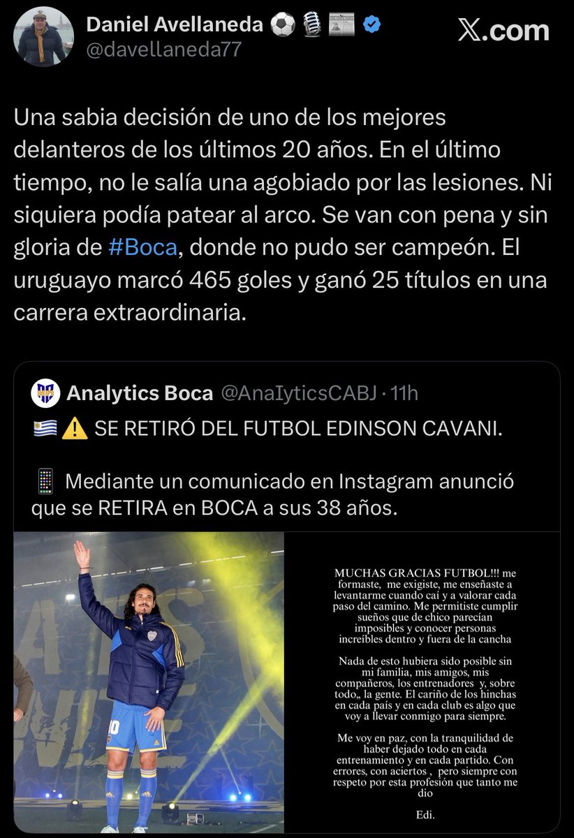 🤷🏻‍♂️😌 “UNA SABIA DECISIÓN”

El periodista de Clarín <a href="/davellaneda77/">Daniel Avellaneda ⚽🎙️📰</a> se comió el bait sobre el retiro de Edinson Cavani en el Día de los Santos Inocentes