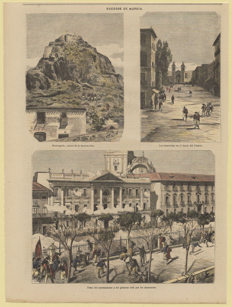 El germen de la revolución cantonal sucedió en Murcia, a manos de Antonete Gálvez y su insurrección contra las quintas en 1872.
Estas ilustraciones aparecieron en La Ilustración española y americana. Año XVI. Núm. 46. Madrid 8 de diciembre de 1872:
cervantesvirtual.com/obra/la-ilustr…