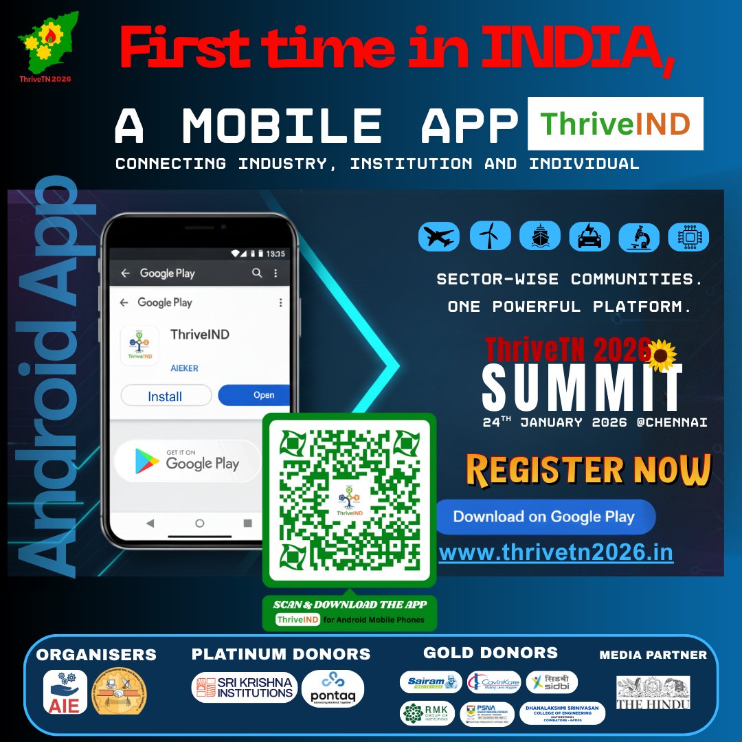 Thriveind2026's tweet image. India’s first Android mobile app connecting industry, institutions &amp;amp; individuals.
One platform. Sector-wise communities. Real collaboration.
📲 Download ThriveIND
📅 #ThriveTN2026
#AndroidApp #StartupIndia #DigitalIndia @solkarragu @aieconnecting