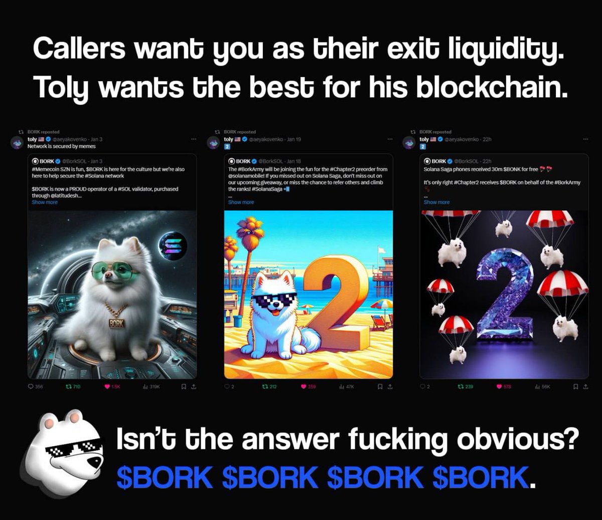 Bork Bork Bork 
<a href="/BorkSOL/">BORK</a> is the one 
Either you see the vision or u don’t