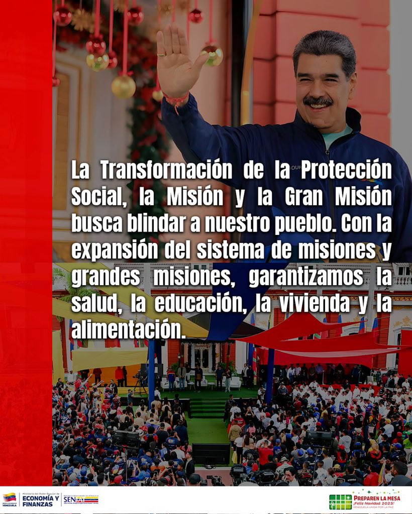 Avanzamos con paso firme en la transformación de nuestra Protección Social. A través del fortalecimiento de las Misiones y Grandes Misiones, seguimos garantizando derechos fundamentales como la salud, educación, vivienda y alimentación para todo nuestro pueblo. 🇻🇪❤️

#Seniat