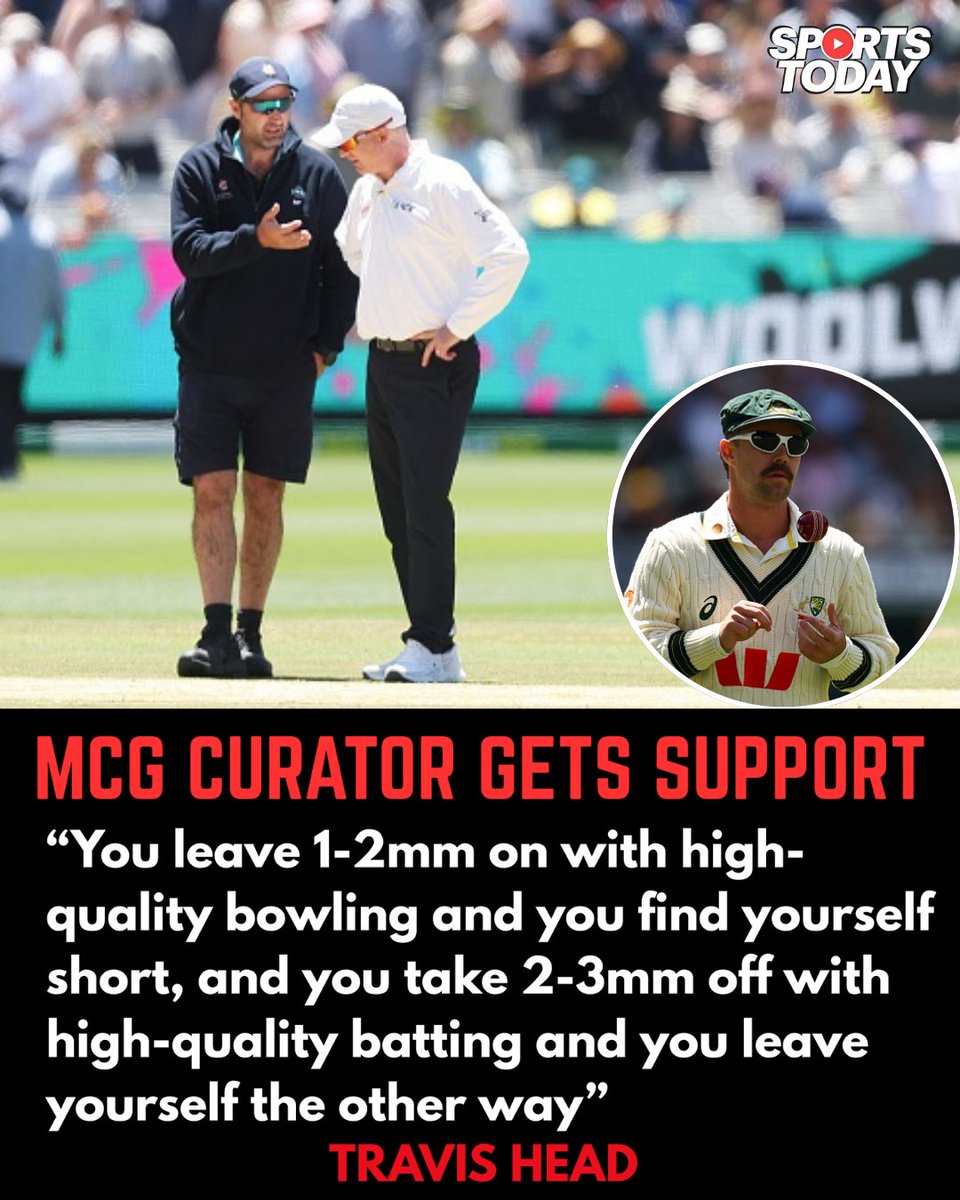 SportsTodayofc's tweet photo. Travis Head offers support to MCG pitch curator after two-day finish
#Ashes2025 #MCGTest #TravisHead #CricketAustralia #PitchDebate #BoxingDayTest https://t.co/1BSKE6DAc6