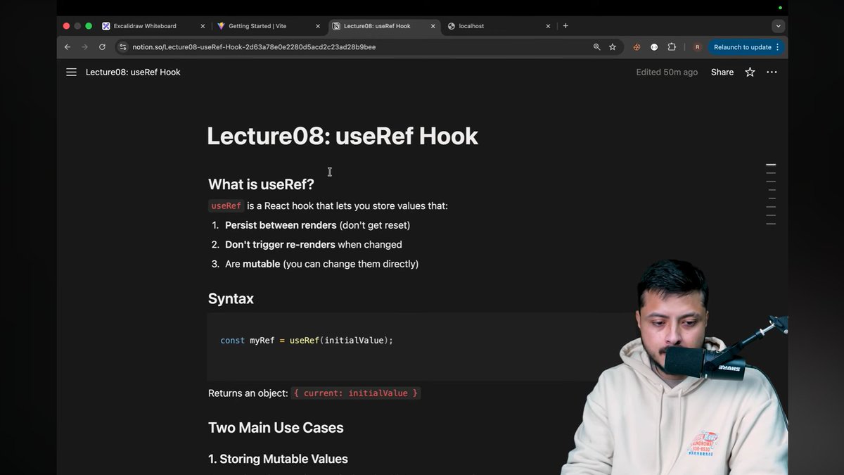 Manishkumawatt's tweet image. #Day45 📷  Of #MERNSTACK Course #lecture08  @CoderArmy &amp;amp;  @rohit_negi9  
Today I learned about the useRef hook in React ⚛️
✅ How it works
✅ Why it doesn’t trigger re-renders
✅ How it helps build optimized &amp;amp; high-performance websites
Step by step, getting better at React 
#IT