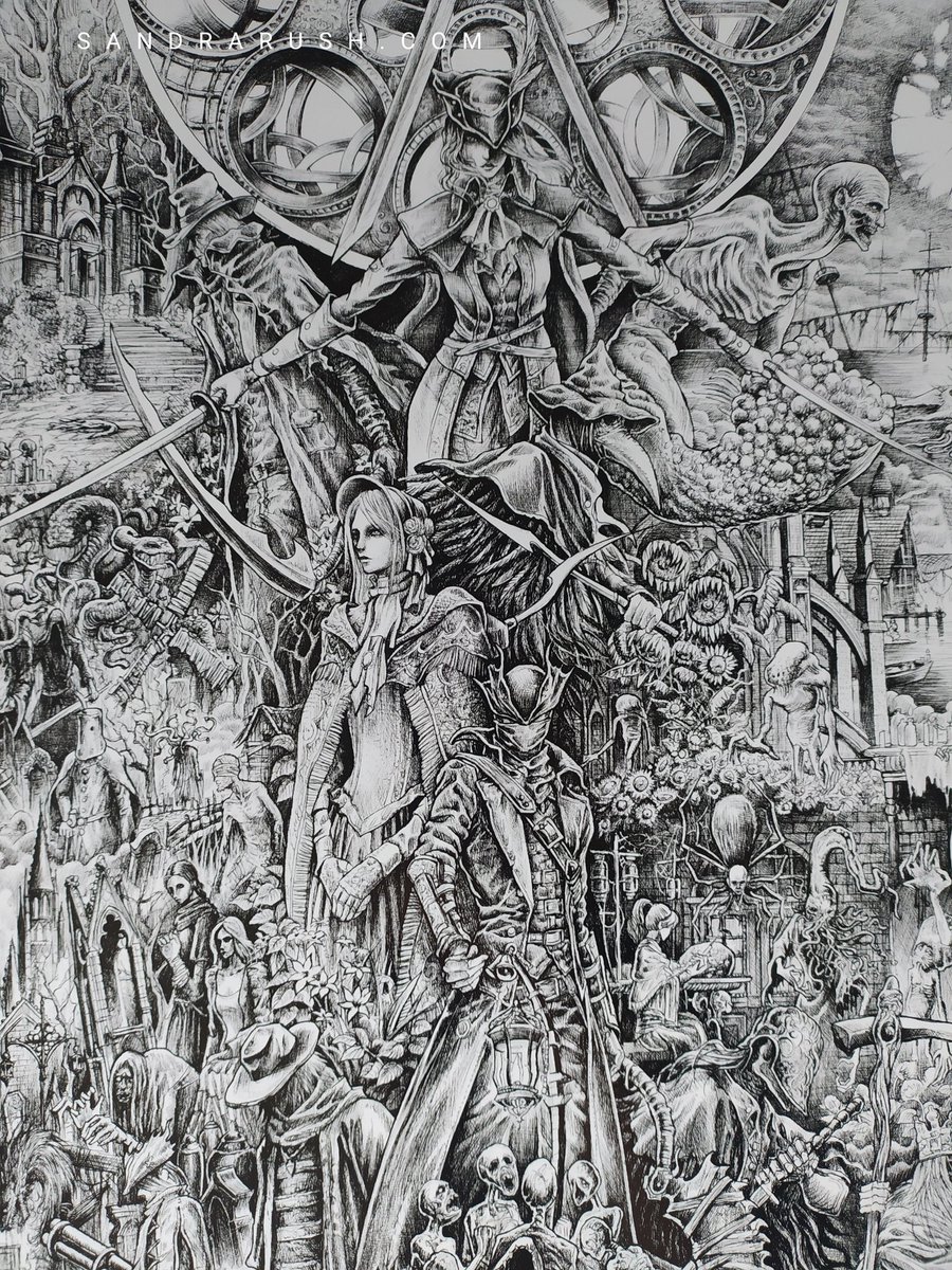 Sandra_S_Rush's tweet image. BLOODBORNE 🔥 My biggest project of this year 🖤 All in game bosses and characters drawn on a single paper 🖤