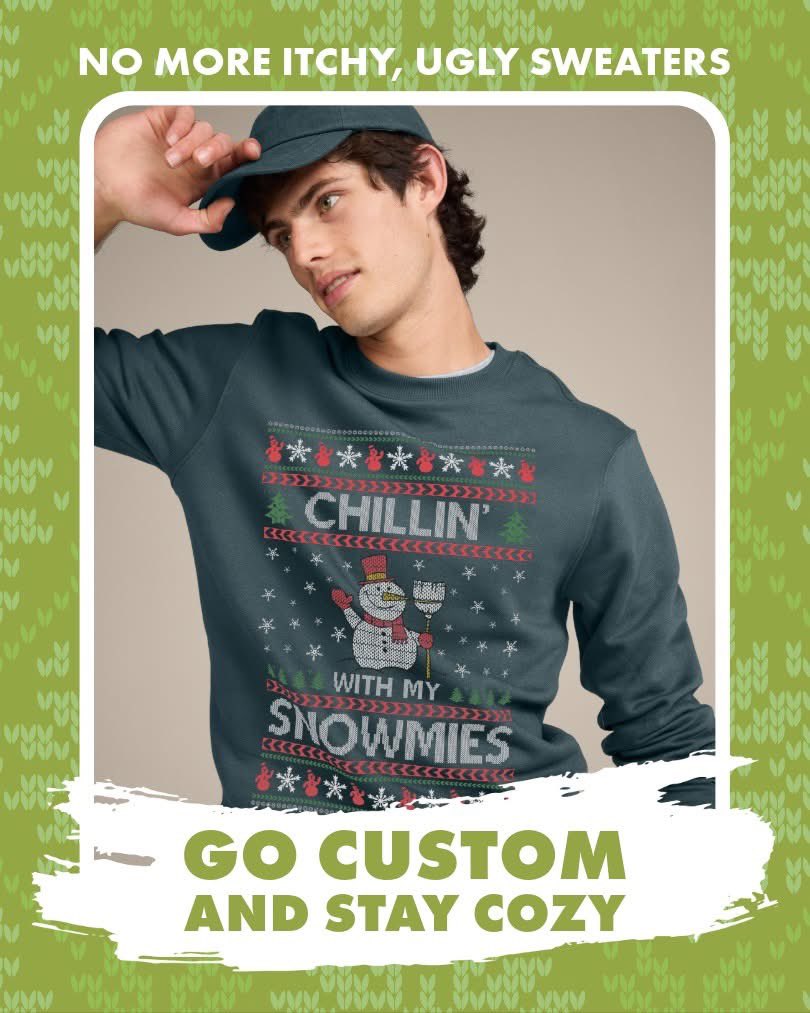 Let’s design the most gloriously hideous sweater ever. #UglySweaterDay #CustomUglySweater #HolidayFun #CustomApparel #BigFrogLife