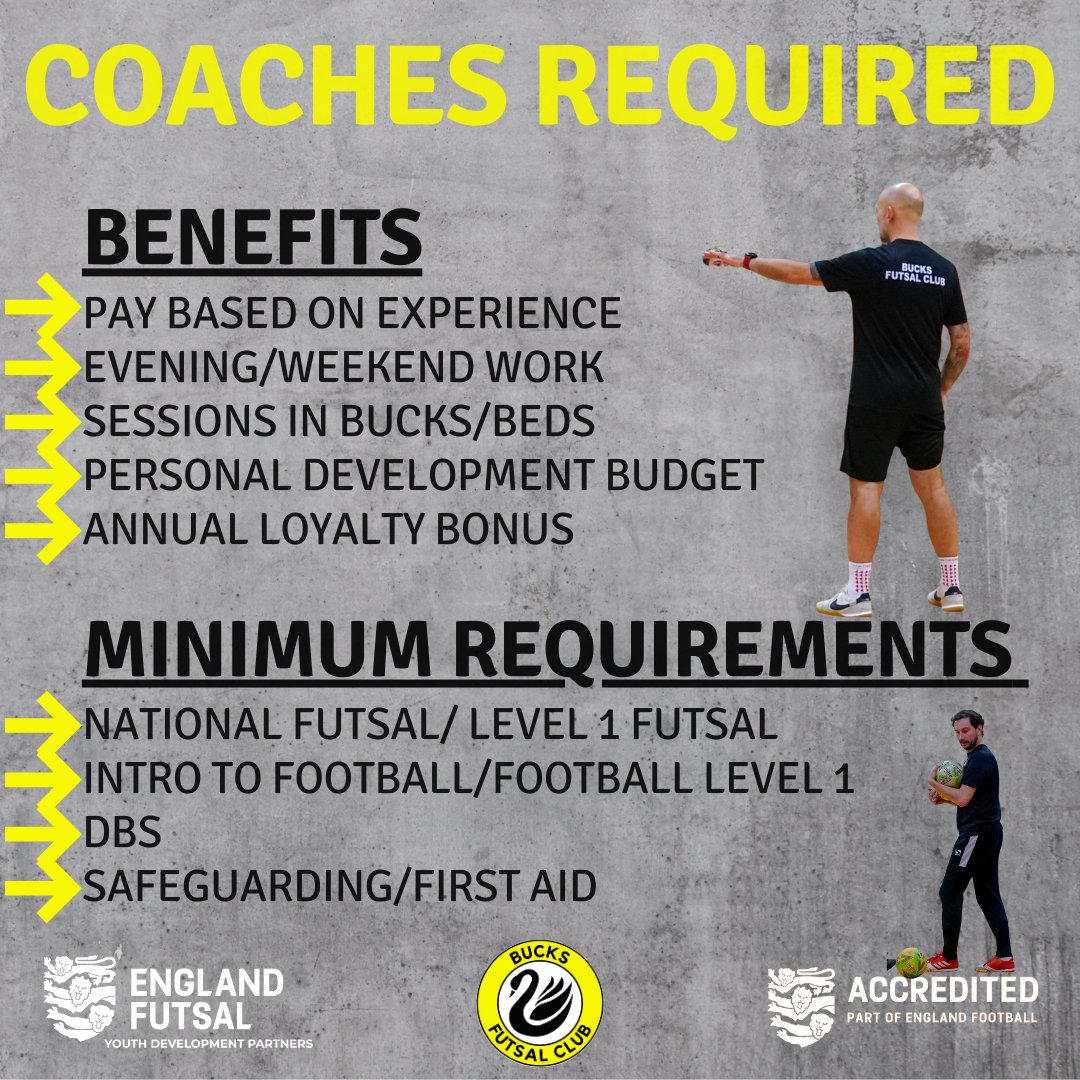 🩶💛 COACHES REQUIRED 💛🩶 

As <a href="/BucksFutsalYth/">Bucks Futsal Club Youth</a> enter an exciting new era of futsal we are looking for a number of new coaches across our training centres. 

To learn more about the opportunity to join us please DM or email us. 

📧 info@bucksfutsalclub.com 

#UpTheBucks