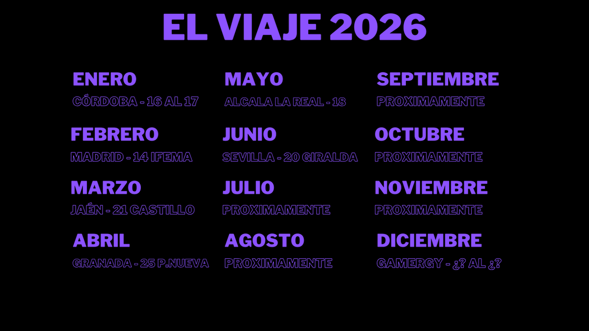 ElViaje2026's tweet photo. ✈ EL VIAJE 2026 by: @antoniomc082 

📌 Córdoba - 16 Enero
📌 Madrid - 14 Febrero
📌 Jaén - 21 Marzo
📌 Granada - 25 Abril
📌 Alcalá la Real - 18 Mayo
📌 Sevilla - 20 Junio

¡Y muchos mas próximamente! 💜

💘 IRLs exclusivos, contenido vertical y videos largos en YouTube. https://t.co/8Aupe31uhc