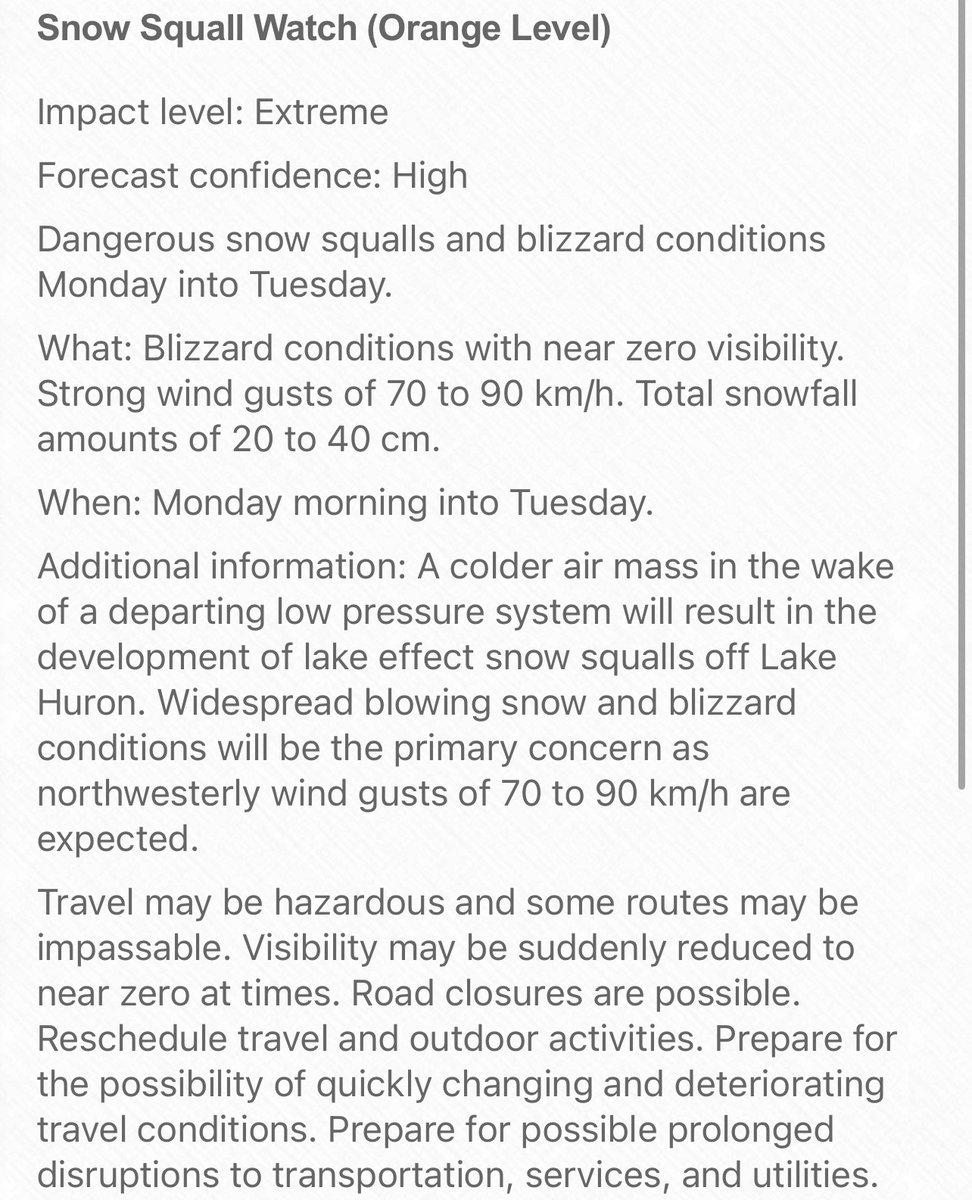 Orange snow squall watches going up for areas SE of GB and Lake Huron. EC is currently forecasting extreme impact and high confidence. If it is upgraded to very high, it would be a red warning. I wouldn’t be surprised if a Red Blizzard Warning was issued. #Onstorm