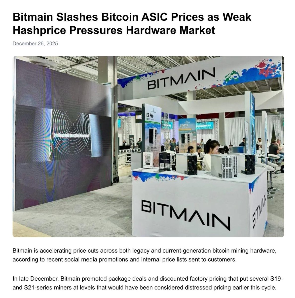 Something that was different this bitcoin cycle:

The price of bitcoin miners did not skyrocket like it has done in past bull markets.

Not only has it not skyrocketed, Bitmain is having to slash prices severely in order to sell units.