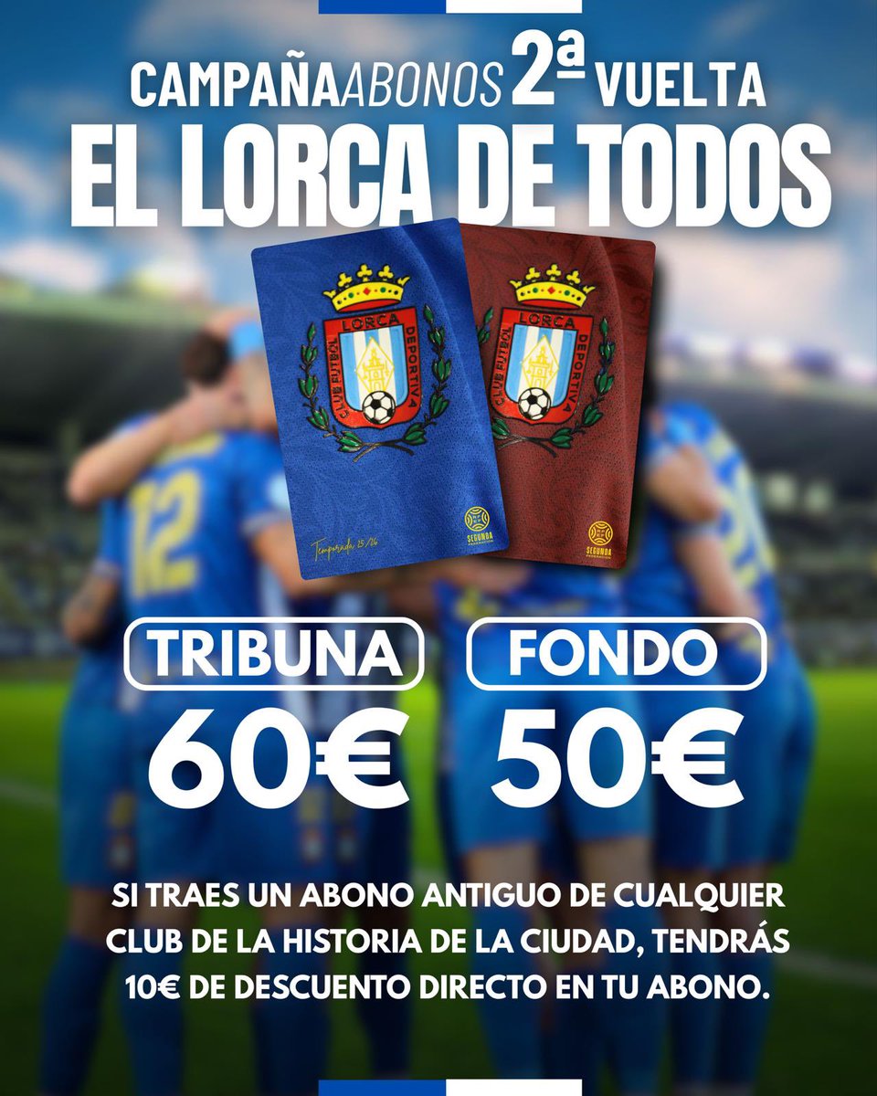 💳 CAMPAÑA ABONOS 

🤍💙 𝙀𝙇 𝙇𝙊𝙍𝘾𝘼 𝘿𝙀 𝙏𝙊𝘿𝙊𝙎

🤩 ¡Mañana lunes 29 de diciembre iniciamos la campaña de abonos para la segunda vuelta!

📍𝙏𝙍𝙄𝘽𝙐𝙉𝘼 ➡️ 𝟲𝟬€
📍𝙁𝙊𝙉𝘿𝙊 𝙎𝙐𝙍 ➡️ 𝟱𝟬€

👉🏻 𝗦𝗶 𝘁𝗿𝗮𝗲𝘀 𝘂𝗻 𝘼𝘽𝙊𝙉𝙊 𝘼𝙉𝙏𝙄𝙂𝙐𝙊 𝗱𝗲 𝗰𝘂𝗮𝗹𝗾𝘂𝗶𝗲𝗿