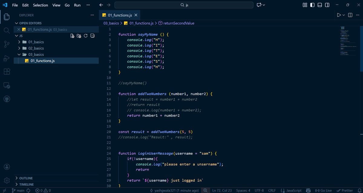 devyash_01's tweet photo. 📌 JavaScript Functions Day

Function declaration &amp; calling
Parameters | return keyword
Default parameters
Rest operator (...)
Functions with Objects &amp; Arrays

Right guidance, smooth learning.
Thanks You Sir ♥️@Hiteshdotcom
#javascript #LearningJS #CodingJourney https://t.co/YTfANLosfa