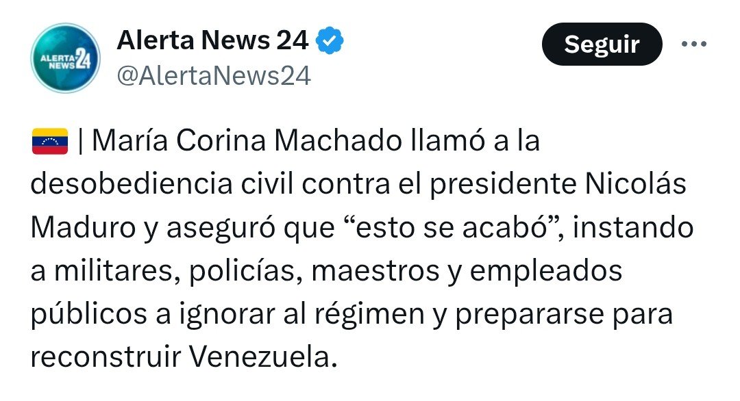 Si María Corina Machado dice que ganó con el 80% de los votos en Venezuela...Por qué NADIE le hace caso en Venezuela, cuando ha llamado varias veces a la "desobediencia civil" ?
Alguien con 80% de votos, debería tener control absoluto del país, se les cae la mentira .