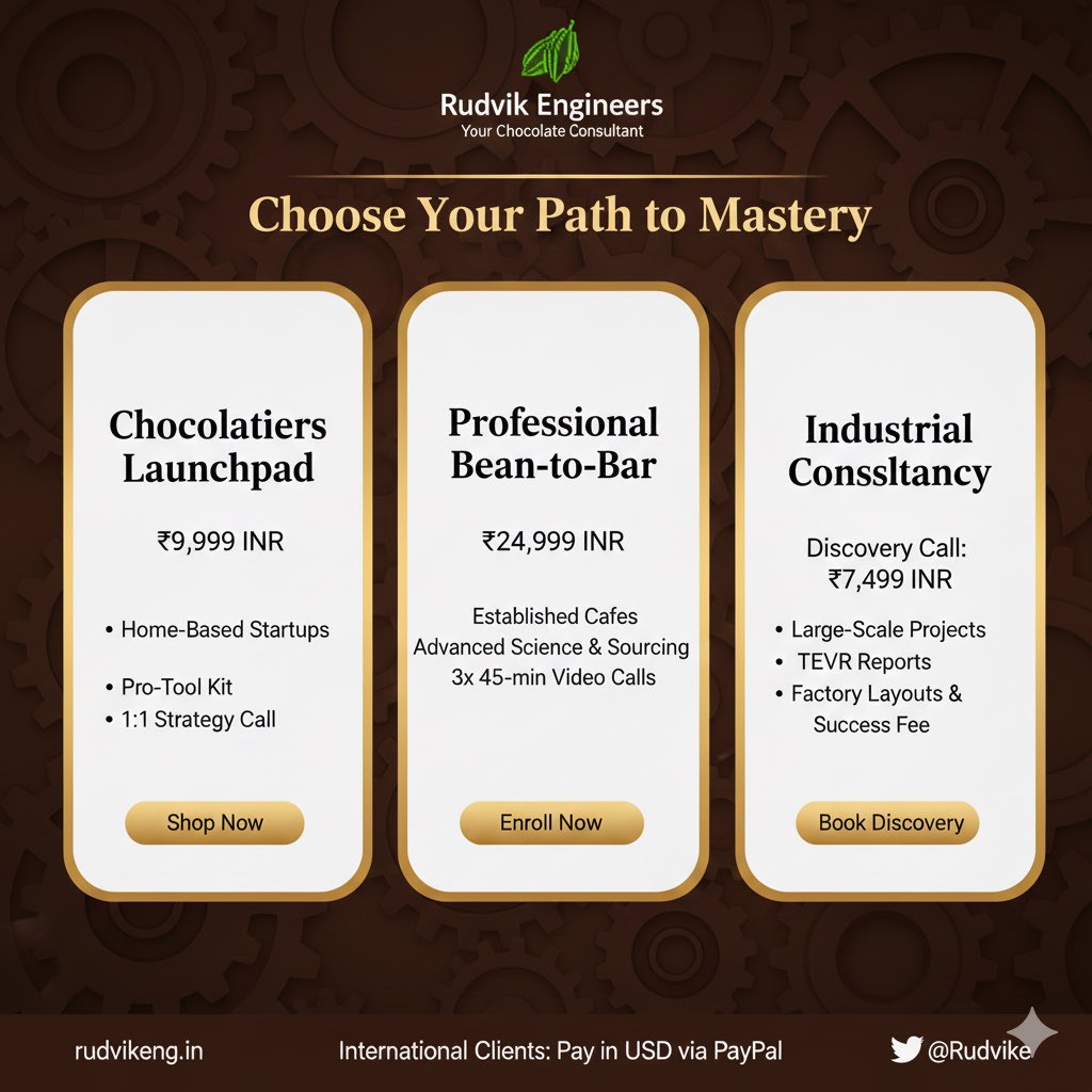 RudvikE's tweet photo. We’ve upgraded. Rudvik Engineers is now a scheduled-only consultancy to ensure every project gets 100% technical focus.

-Artisanal Launchpad
-Professional Bean-to-Bar
-Industrial Setup
Book your session now on our website. https://t.co/WvJyAh9vbe