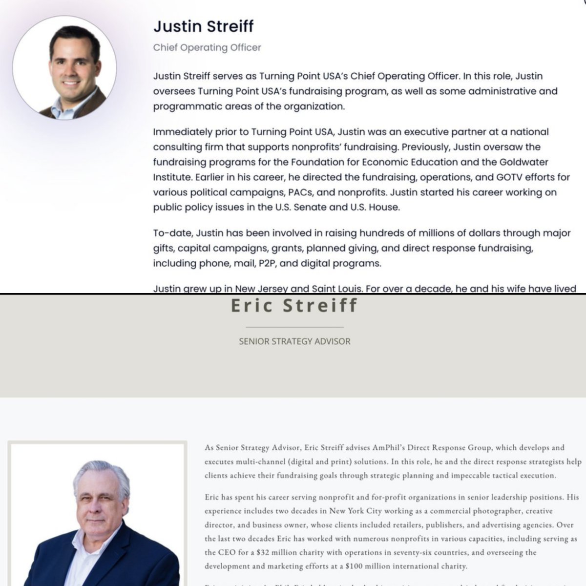 <a href="/ProjectConstitu/">Project Constitution</a> Justin Streiff, the COO Charlie Kirk enlisted to "DOGE" TPUSA via internal memo shown by <a href="/RealCandaceO/">Candace Owens</a>. His father, Eric Streiff, is a Senior Strategy Advisor at American Philanthropic (AmPhil), having joined the firm in 2019. For fundraising services, TPUSA paid AmPhil $107,929