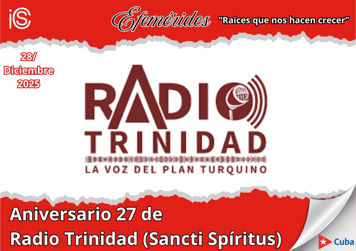 📻Radio Trinidad, emisora ubicada en el municipio de Trinidad, en Sancti Spíritus, surgió hace 27 años con el nombre de Radio Cadena Sur. Fue inaugurada el 28/12/1998, festejando el inicio de la liberación de Trinidad por las fuerzas del Ejército Rebelde en 1958.

‼️FELICIDADES‼️