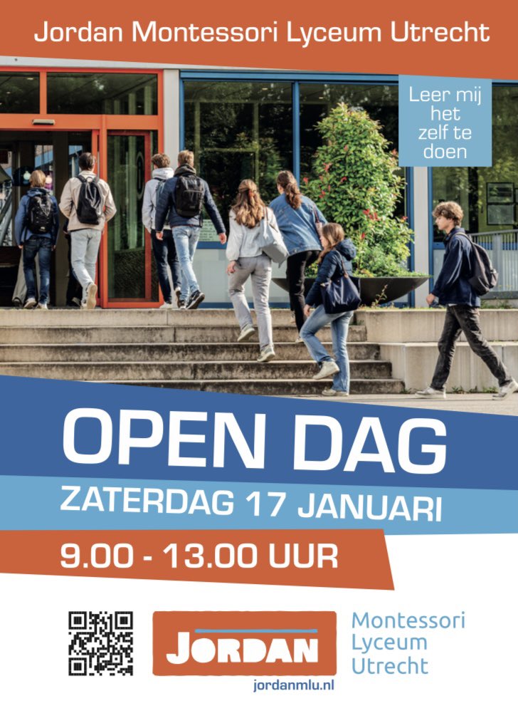 + OPEN DAG - 17 januari 2026 +

Zaterdag 17 januari van 9 tot 13 uur Open Dag op het Jordan Montessori Lyceum Utrecht te Zeist (havo/vwo). 
Met o.a. mini-lessen, voorlichtingsbijeenkomsten en informatiestands over montessori-onderwijs, leerlingenzorg, mentoraat, etc.