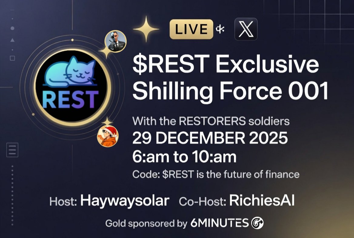Set your alarm⏰🔥
Tomorrow 6:am UTC.

All roads lead to X for the $REST massive shilling campaign with the soldiers,🪖🫡

Be prepared, come with all your tools and armor men mount😁🙌

<a href="/RealRest01/">REST</a> ⚡
<a href="/Haywhysolar/">The Haywhysolar Ξ 𖣂 ☂️| EWC26</a> HOST 🌬️
<a href="/RichiesOfW3b/">💰Richies_AI🗽🌍</a> Co-Host🔥
<a href="/6minutes_co/">6MINUTES🧭⛓️</a> sponsored 📽️🎬