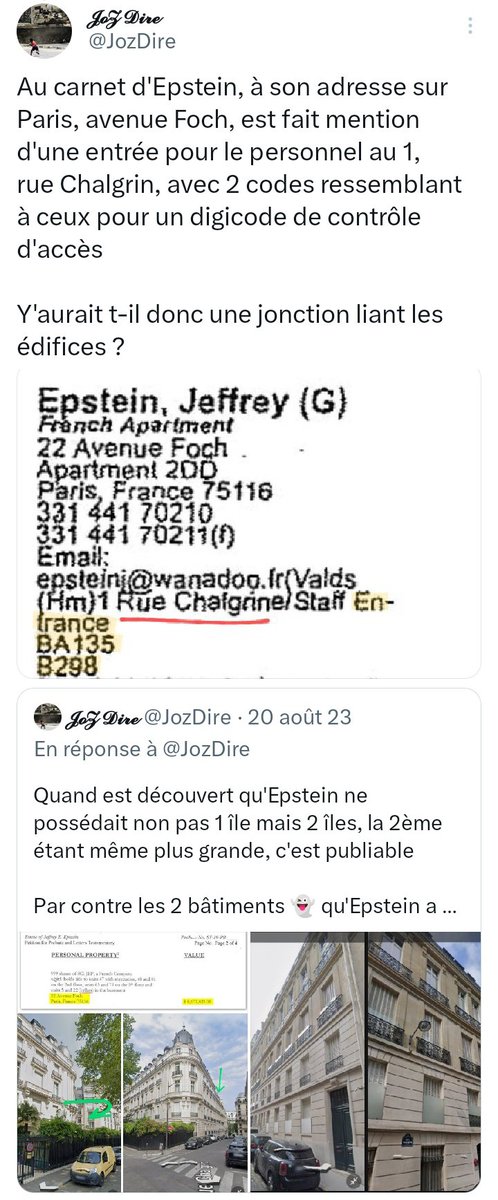 JozDire's tweet photo. Epstein « aimait, du reste, particulièrement la France »
#BalletsRoses
Les bâtiments parisiens d'Epstein #RueChalgrin:
"entrée de service du 22 #AvenueFoch" sur la voie
"staff entrance" sur le carnet d'adresses📓
**#JaneDoe4**
#EpsteinFrance🇫🇷#Epsteinfiles https://t.co/yoGwt4cMqU