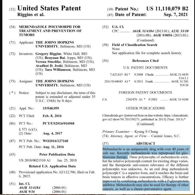 🚨🚨 PRUEBA DE PATENTES: Un "desparasitante" que combate eficazmente el cáncer...
Patente de la Universidad Johns Hopkins en 2021:
El mebendazol llega al cerebro y a los tumores cerebrales en concentraciones efectivas... También puede usarse para el tratamiento de otros tipos de