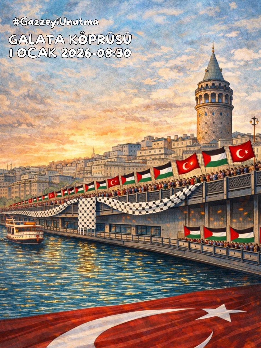 Yeni yılın ilk mesajını Galata Köprüsü’nde veriyoruz. #GazzeyiUnutma
📍 Galata Köprüsü 
🗓 1 Ocak 2026 
⏰ 08.30