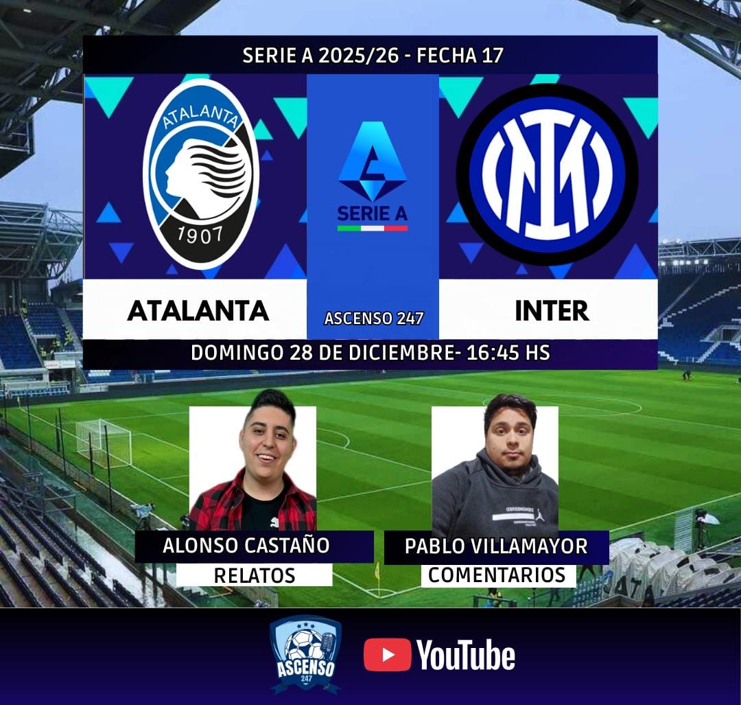 #SerieA 🇮🇹 | #Atalanta vs. #Inter
🎙 Relator: <a href="/Alo_Castano/">Alonso 🏁</a>
🎙 Comentarista: <a href="/pablovillamay10/">pablo villamayor</a>
📺 Youtube de Ascenso 247
✉️ MD para publicitar con nosotros 
🤳 #SerieAEnAscenso247 - #ATAINT 
Dale RT 🔃
youtube.com/live/1PDOIchgR…