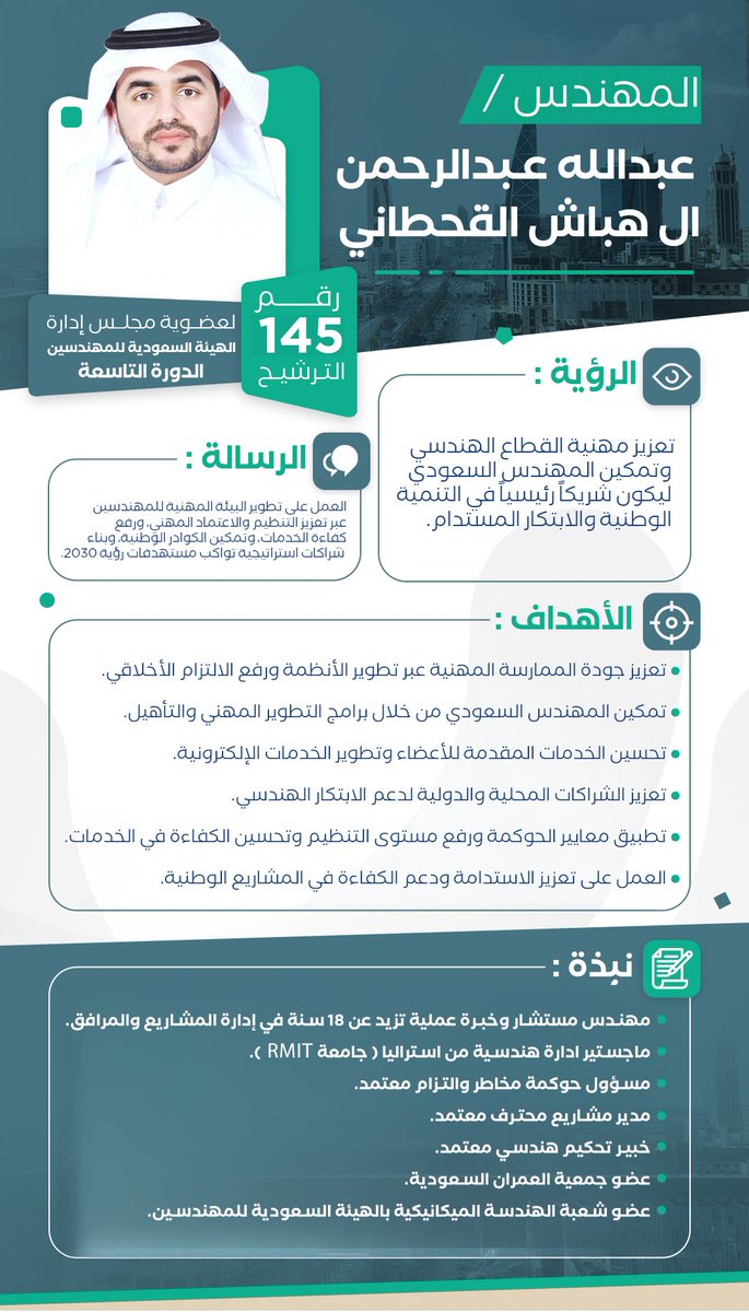 habbaash's tweet photo. #انتخابات_مجلس_إدارة_هيئة_المهندسين 

الزملاء المهندسين الكرام أتشرف بدعمكم في انتخابات مجلس إدارة الهيئة السعودية للمهندسين – الدورة التاسعة.

🔹 المرشح: عبدالله القحطاني.
🔹 رقم الترشيح: 145

🗳️ بدأ التصويت اليوم ولمدة ٤٨ ساعه 

🔗 رابط التصويت:
https://t.co/pF3kr4nPSv https://t.co/2mtUThaq0N