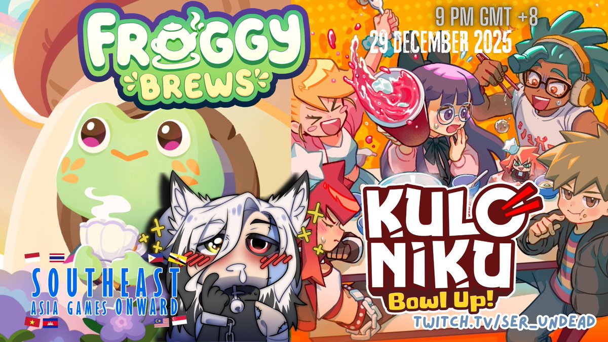 Tonight of #SEAGO2025, we're going to brews some tea and make some ramen.
See you soon~
Froggy Brews©️<a href="/KomodoRange/">Froggy Brews 🐸🍵 | WISHLIST NOW ON STEAM!</a> 
KuloNiku: Bowl Up!©️<a href="/KulonikuGame/">Kuloniku - DEMO on Steam!!!</a> 

🕘9PM GMT+8
🔴twitch.tv/ser_undead