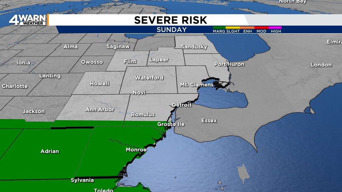 STRONG STORM RISK SUNDAY: The Storm Prediction Center has placed Monroe, Lenawee and Southern Wayne and Washtenaw Counties under a Marginal Risk (1/5) for severe storms today, a Slight Risk (2/5) just to our southwest around Indianapolis. Gusty winds are the primary threat