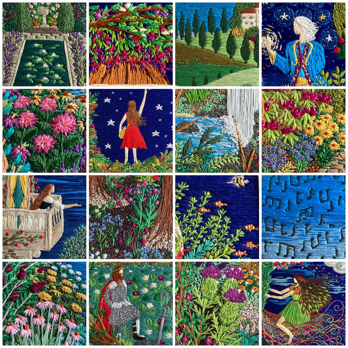 Just to say hello, 👋 with a little collage of snippets &amp; details taken from a variety of my embroideries. Hope you are all doing well, and that it brightens your feed… 😉🪡🌿🌺✨#stitchedart #thesewingsongbird