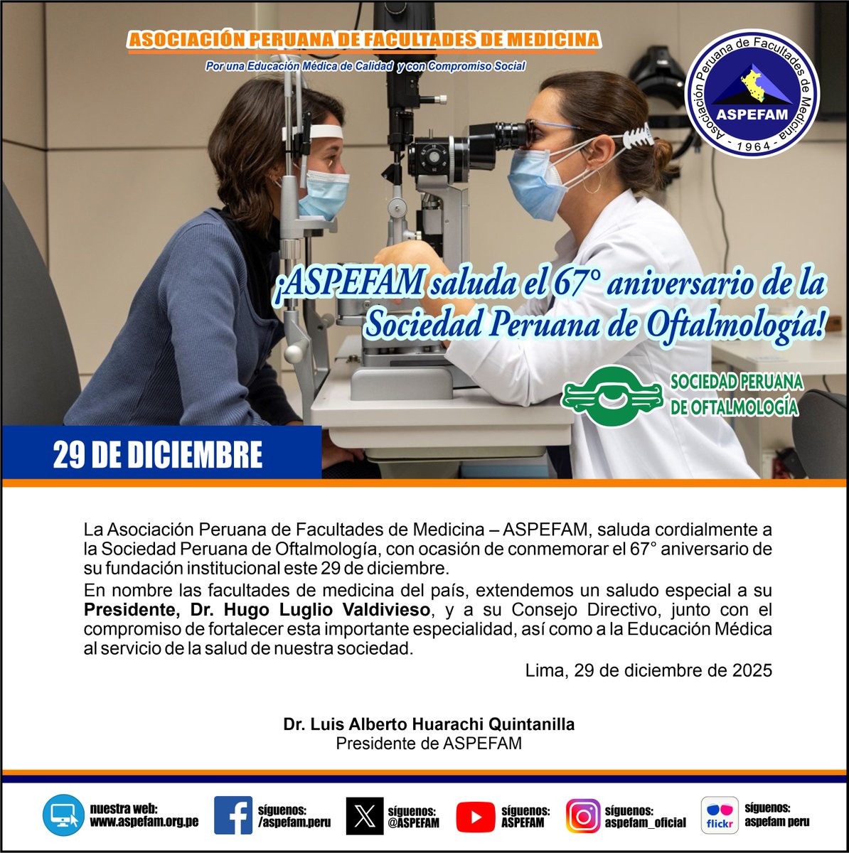 ASPEFAM's tweet image. ✅ ¡ASPEFAM saluda el 67° aniversario de la Sociedad Peruana de Oftalmología!
➡️ Ver saludo: goo.su/x0N4D9
➡️ Noticias: aspefam.org.pe/prensa.htm
#AspefamPeru #EducacionMedica