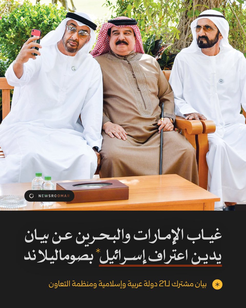 وقعته 21 دولة عربية وإسلامية ومنظمة التعاون الإسلامي، غياب الإمارات والبحرين عن بيان مشترك «يدين بأشد العبارات اعتراف إسرائيل بإقليم أرض الصومال» .

لا تعليق رسمي للإمارات والبحرين بعد أكثر من 50 ساعة على الإعلان، وأبلغت رويترز عن إنشاء الإمارات قاعدة عسكرية بصوماليلاند عام 2017.