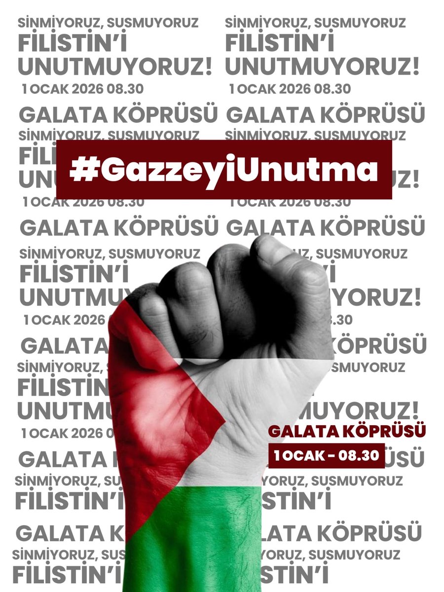 Yeni yılın ilk sayfasına bir cümle yazıyoruz: “Unutmak yok.”
Adalet istiyoruz. #GazzeyiUnutma
📍 Galata Köprüsü 
🗓 1 Ocak 2026 
⏰ 08.30