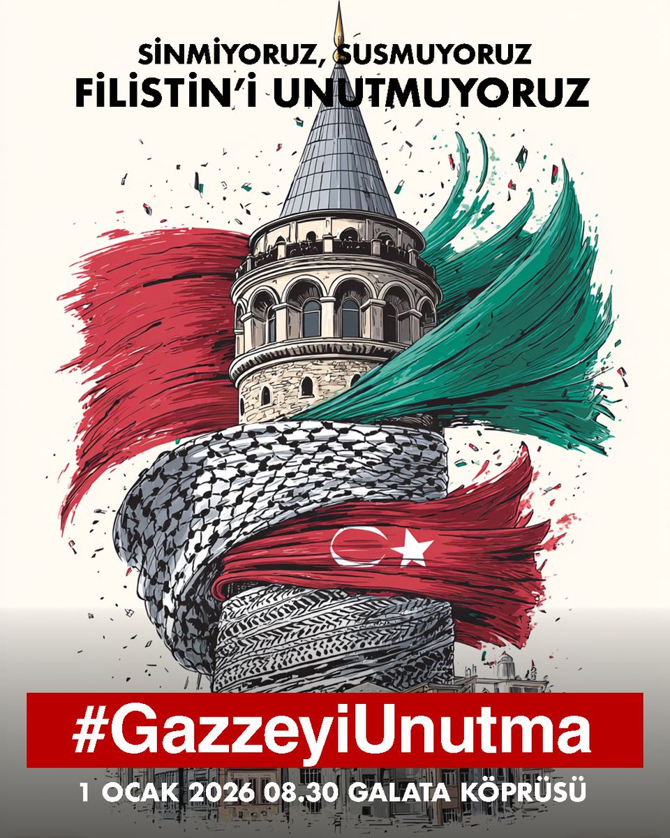 cila_baris11's tweet photo. Yeni yılın ilk sayfasına bir cümle yazıyoruz: “Unutmak yok.”
Adalet istiyoruz. #GazzeyiUnutma
📍 Galata Köprüsü 
🗓 1 Ocak 2026 
⏰ 08.30 https://t.co/HmeLhnGUoH