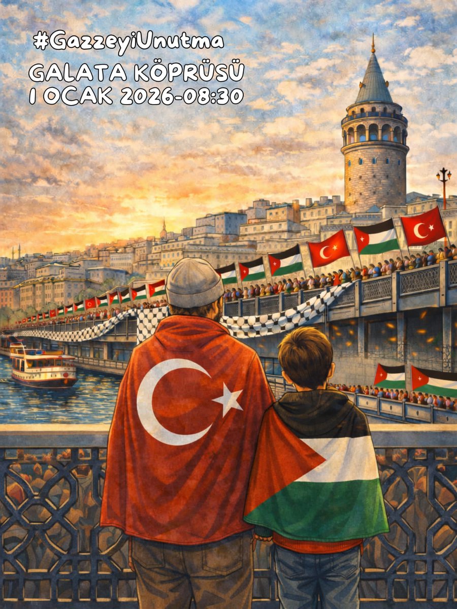 #1OcaktaGalatada 
Gündem değişti” diyenlere cevabımız kısa: Bizim gündemimiz değişmiyor.

Galata'da buluşuyoruz. #GazzeyiUnutma

Galata Köprüsü

1 Ocak 2026

08.30