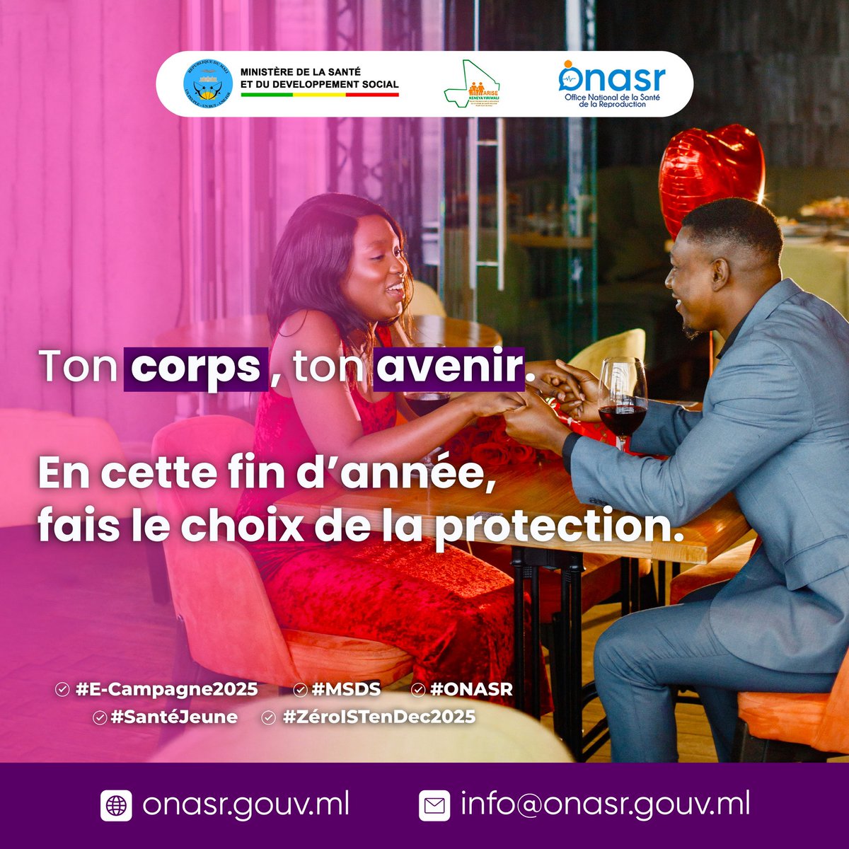Ton corps, ton avenir.
En cette fin d’année, fais le choix de la protection.

#E_campagne2025
#MSDS
#ONASR
#SantéJeune
#ZéroISTenDec2025