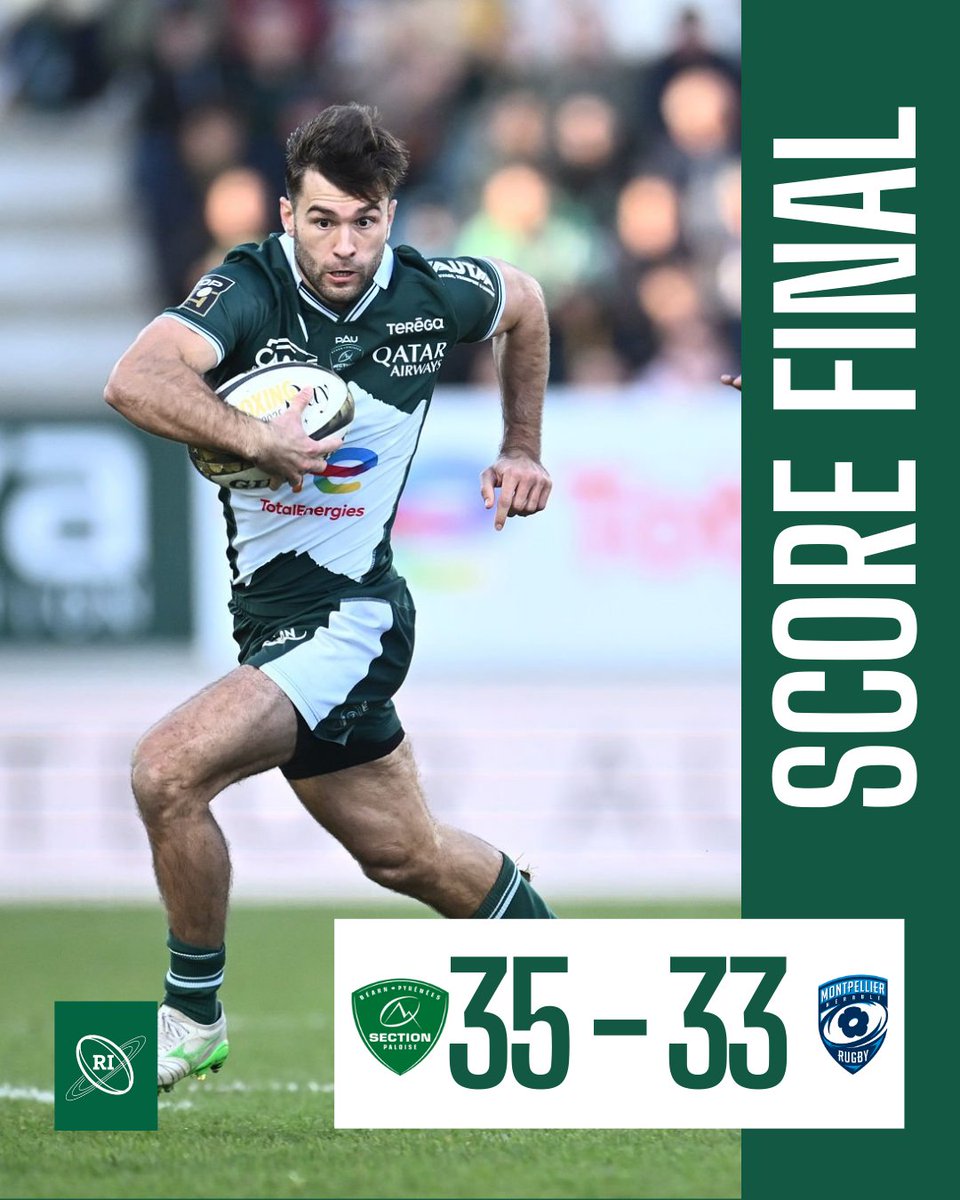 Pau s'impose face à Montpellier, qui repart avec un bonus défensif obtenu à la 80ème minute. 👏 Qu'avez vous pensé du match ? #rugby #SPMHR