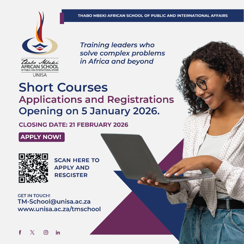 MbekiSchool's tweet photo. Applications for UNISA’s Thabo Mbeki African School short courses open on 5 January 2026.

Build leadership skills to solve complex problems in Africa and beyond.

Apply before 21 February 2026.