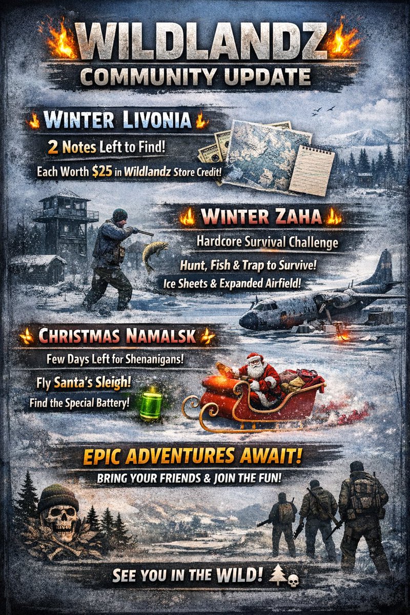 WILDLANDZ_'s tweet photo. Our Community Update is live in the Discord. We’ve got a lot happening across #WILDLANDZ and plenty to offer the #DayZ community.
🥶 Winter Zaha is delivering a truly hardcore survival experience. No food? No problem! 
❄️ Winter Livonia is built for organic RP and casual play. Still two Gift Cards out there to find!
🎄 Christmas Namalsk by @PrimalPowers brings the OG Christmas vibe—but it won’t last forever. Come fly Santa's Sleigh! 

Plenty of fun to be had, come jump in and Go Wild! 🐺