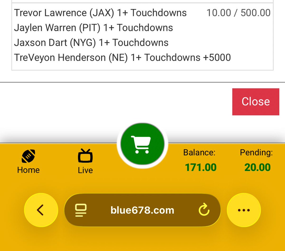 TalkerStock's tweet photo. 🔥🚨 MY SUNDAY DARK PLAY IS IN🚨🔥

$10 to win $500... lets cash this beast!!
 (+5000) LOTTO
- Trevor Lawrence (JAX) 1+ TD 🏃‍♂️💨 (dude been rushin em in lately, Colts cant stop him)
- Jaylen Warren (PIT) 1+ TD 🐆 (just went off for 2 last week, Browns D is toast)
- Jaxson Dart (NYG) 1+ TD 🤠 (rookie QB scramblin vs Raiders trash D)
- TreVeyon Henderson (NE) 1+ TD ⚡ (this rookies explosin, long TDs all season vs weak Jets)

All these spots look juicy af today... who tailin?? 👀💰
#NFLBets #TouchdownParlay #Week17
