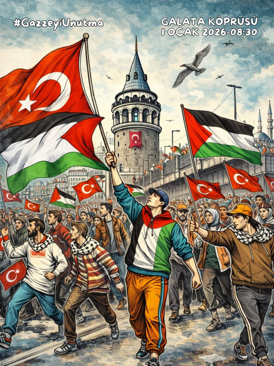 Bir adım atıyoruz; görmezden gelmeye karşı. Bir araya geliyoruz; unutmaya karşı. 1 Ocak’ta Galata Köprüsü’nde yürüyerek adaletin tarafında olduğumuzu gösteriyoruz. #GazzeyiUnutma
📍 Galata Köprüsü 
🗓 1 Ocak 2026 
⏰ 08.30

#GazzeyiUnutma