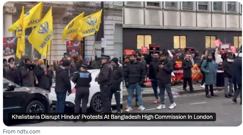 CoHNAOfficial's tweet image. "Khalistanis Disrupt Hindus' Protests At Bangladesh High Commission In London." 

Who shows up to disrupt a vigil for a poor garment factory worker lynched in a public display of Islamist savagery?  #DipuChandraDas 
 
We saw supporters of this same movement turn out in massive…