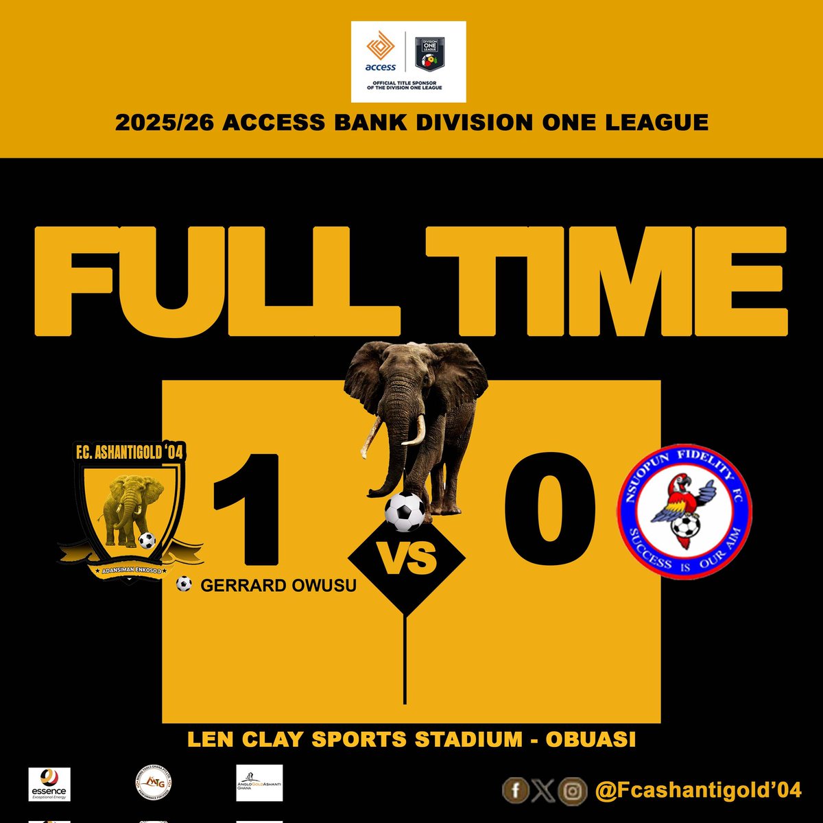 fcashantigold04's tweet photo. 🔥 FULL TIME at the Len Clay Sports Stadium, Obuasi!

AshantiGold '04 🐘💛 beat Nsohpun Fidelity FC 1-0 in the 2025/26 Access Bank Division One League.

⚽️ Goal: *Gerrard Owusu* (the lone strike that sealed the win!)
 🤔👊🏽💪🏽 #AccessBankD1 #AshantiGold #Obuasi 🏆👏🏽 https://t.co/4AYBfRK2Xp