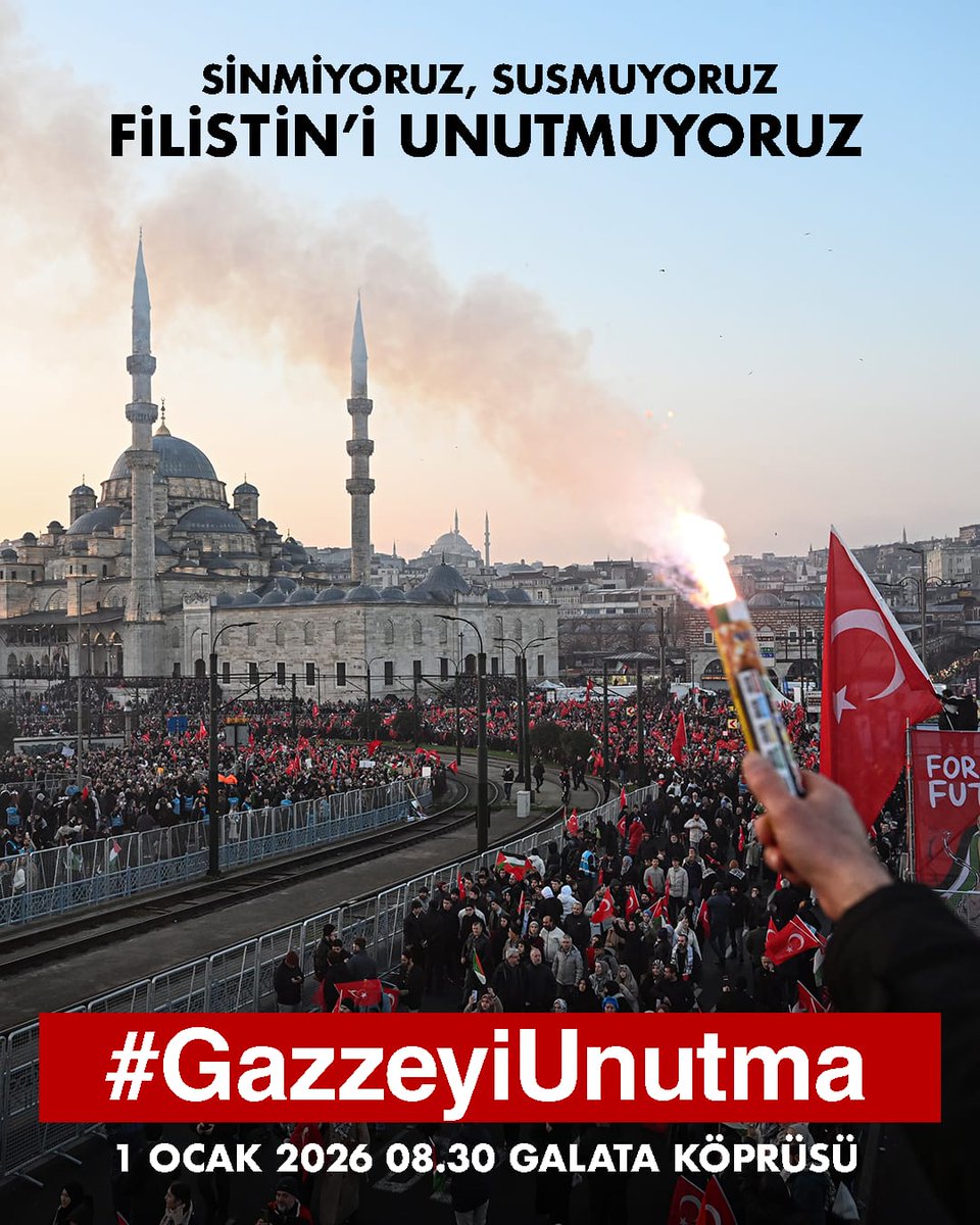 Zulüm karşısında konuşmak yetmez; yerini de belli etmek gerekir. 1 Ocak sabahı Galata’da buluşup adalet için yürüyeceğiz. #GazzeyiUnutma
📍 Galata Köprüsü 
🗓 1 Ocak 2026 
⏰ 08.30