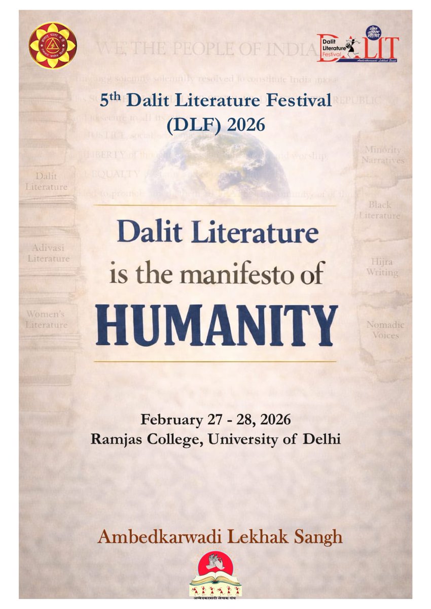 OfficialRamjas's tweet photo. Come...
Celebrate the eon-long solidarity rooted in togetherness, brotherhood, and conscience! Celebrate Cultures! Celebrate Humanity!
Come, let's Celebrate DLF 2026!
#dalitliteraturefestival2025-26
#Literature 
#litraturefestival https://t.co/PrYMAd5po5