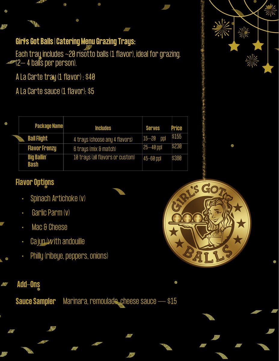 🎉 Hosting a party? Don’t just bring snacks—bring BALLS.
🔥 Packages for 15 to 60 guests or more!  Choose your vibe, pick your flavors, and let the good times roll.
📸 Menu below. DM to book your bash.

#GirlsGotBalls #PartyFoodDoneRight #RisottoBalls #ChicagoEats